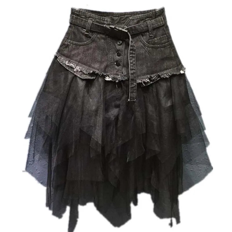 Korean Version Mesh Spliced Denim Skirt For Women's Summer High Waisted Mid Length Beach Skirt Slim Fit Versatile Denim Skirt