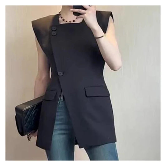 2025 European Black Suit Vest Summer Square Neck  Wide Shoulder Waistcoat Commuter Design Split Sleeveless Top femininas