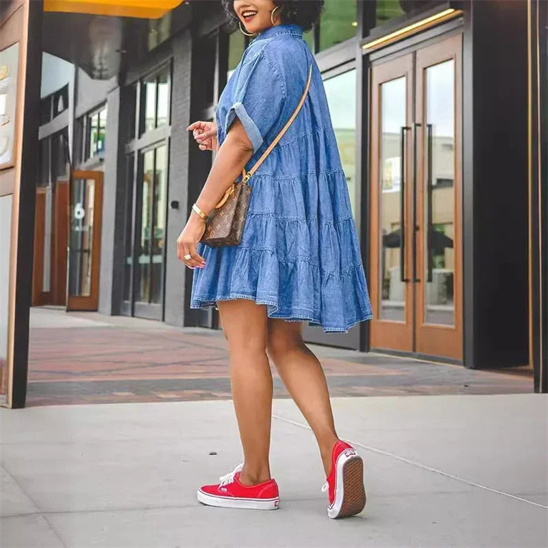 Women Loose High Waist Denim Dresses Fashion Folded Short Sleeve Dress Female Casual Single-breasted Cardigan Mid-length Gown 24