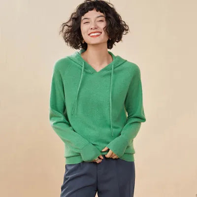 Autumn and winter new women's sweater 100% pure cashmere knitted hooded collar pullover soft solid color hot selling women's top