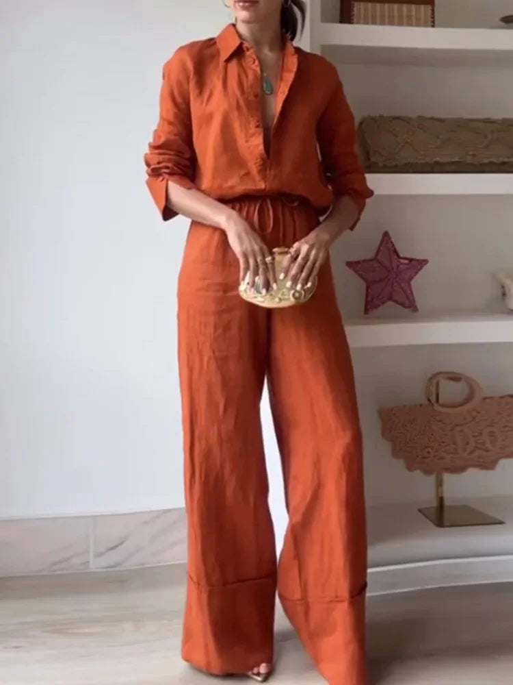 Syiwidii Outfit Fashion Long Sleeve Shirts 2025 New Summer Lady Sexy Loose Silk 3 Piece Sets Women High Waist Wide Pants Sets