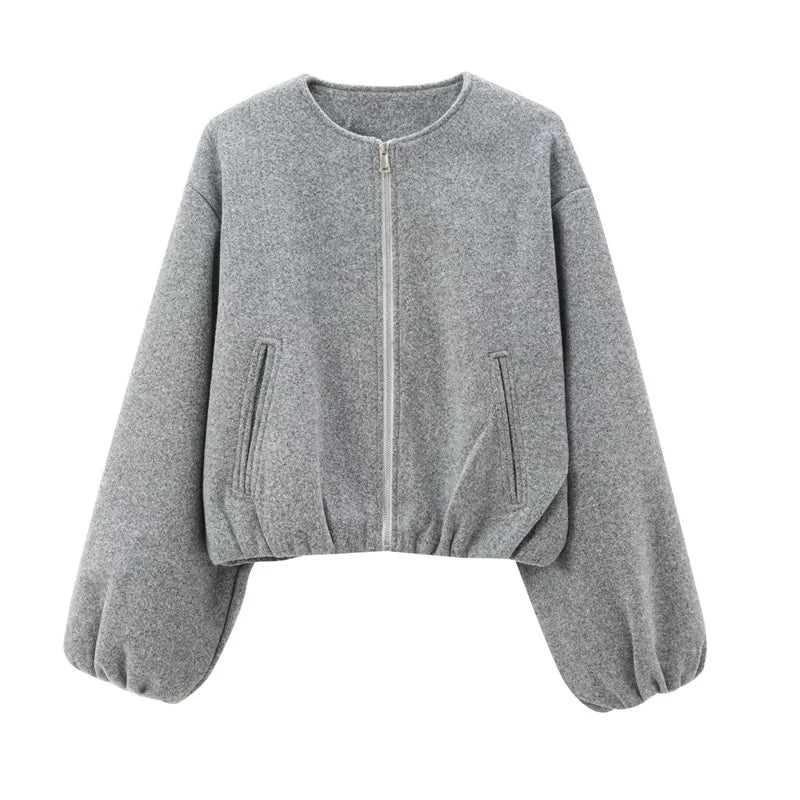 TRAF Outerwears Cropped Bomber Jacket Women Autumn Long Sleeve Faux Wool Coats For Woman Winter Zip Up Gray Beige Short Coats