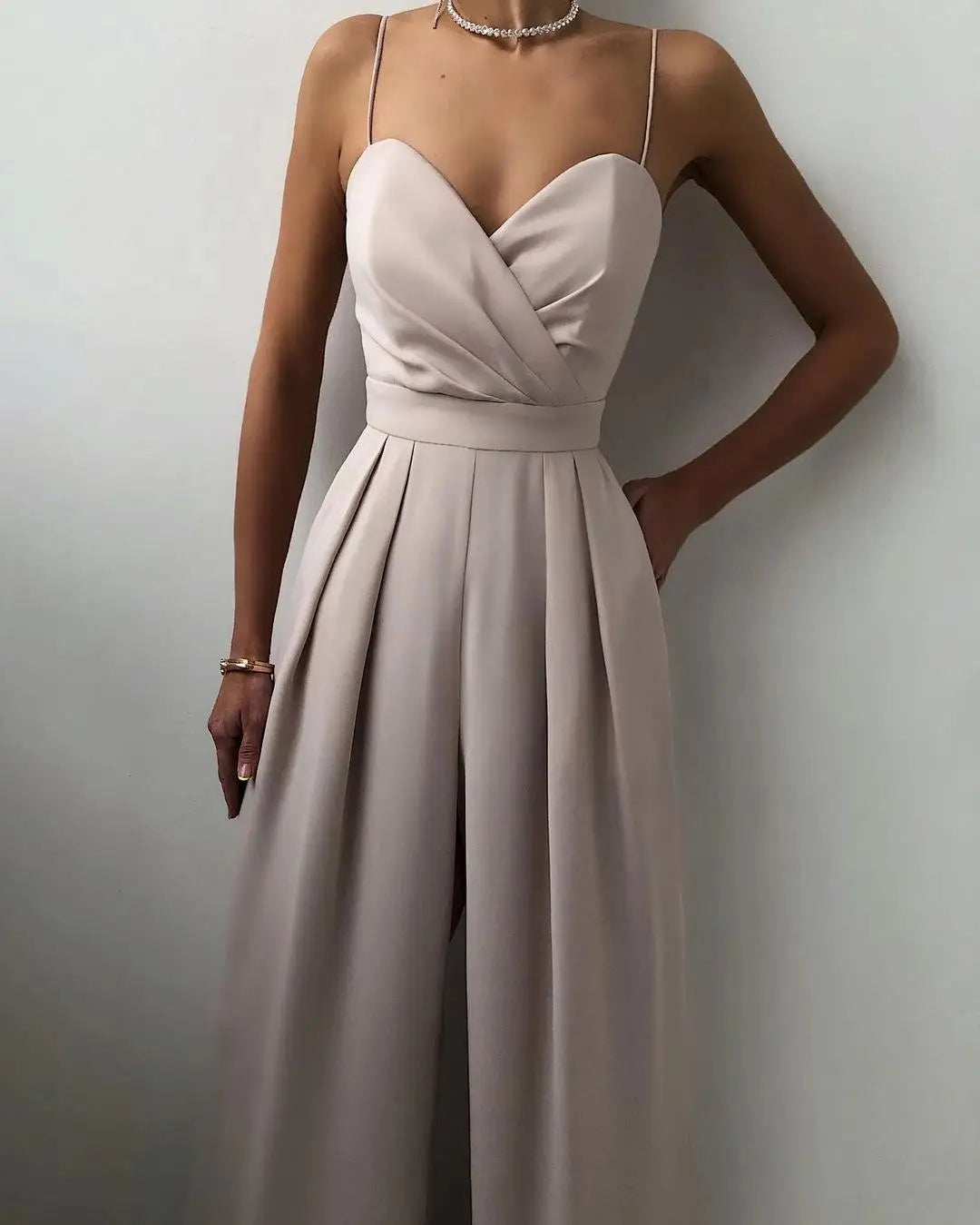 Chic Spaghetti Straps Wide Leg Pants Jumpsuits Elegant Fashion Women Ladies V-Neck High Waist Long Rompers Sleeveless Suit
