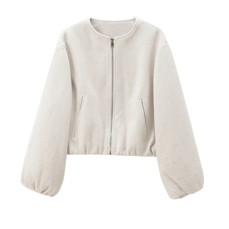 TRAF Outerwears Cropped Bomber Jacket Women Autumn Long Sleeve Faux Wool Coats For Woman Winter Zip Up Gray Beige Short Coats