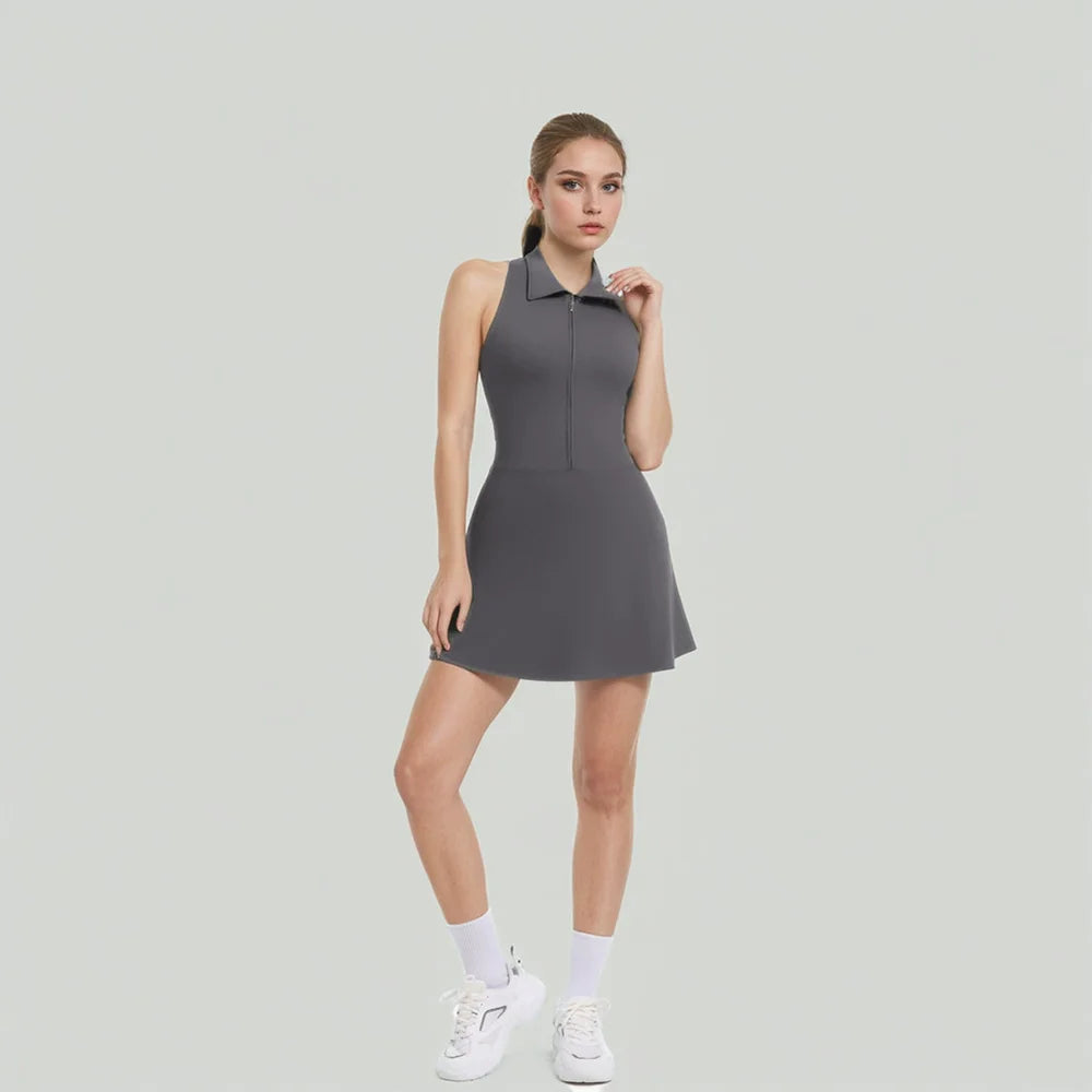 Lapel With Zipper Yoga One-Piece Tennis Dress Slimming High-Waisted Anti-Glare Sportswear Fitness One-Piece Dress