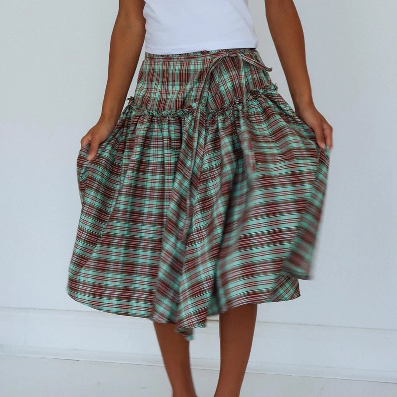 Vintage Tie-Up Ruffle Hem A Line Skirt Cottage Plaid Low Low Rise Midi Skirt Women Gingham Loose Tiered Skirt Y2k Streetwear