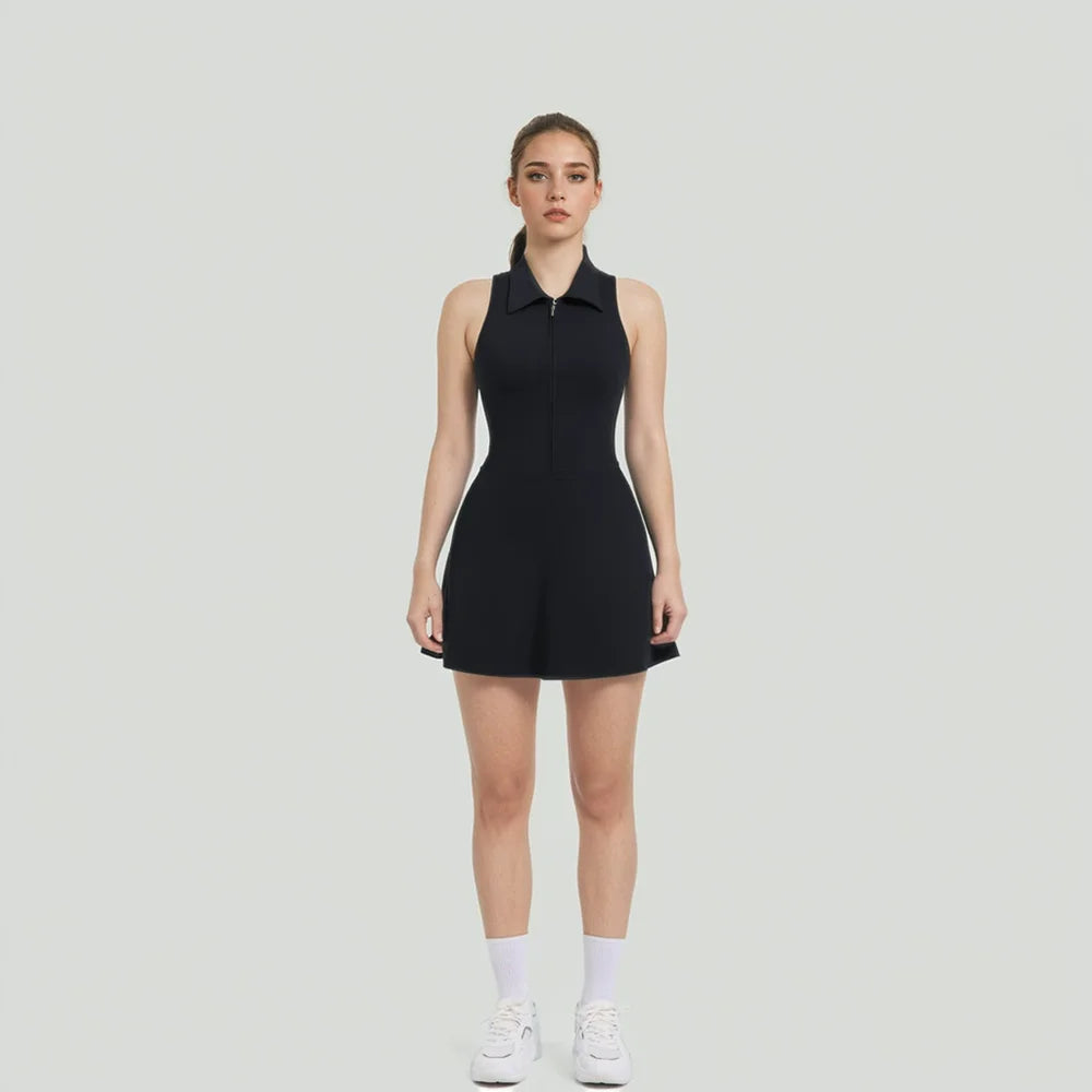 Lapel With Zipper Yoga One-Piece Tennis Dress Slimming High-Waisted Anti-Glare Sportswear Fitness One-Piece Dress