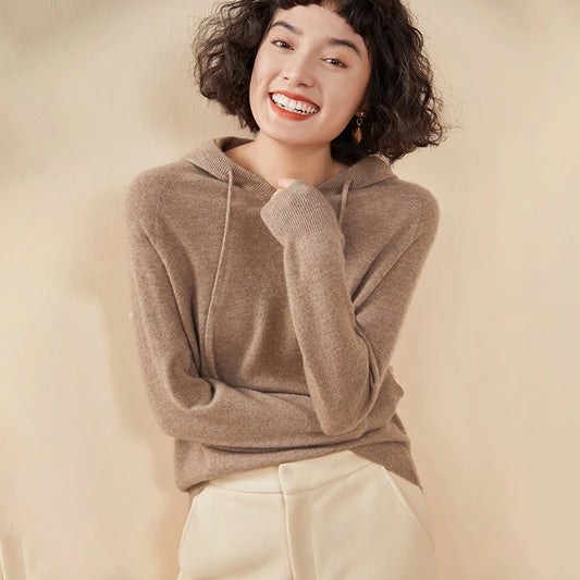 Autumn and winter new women's sweater 100% pure cashmere knitted hooded collar pullover soft solid color hot selling women's top
