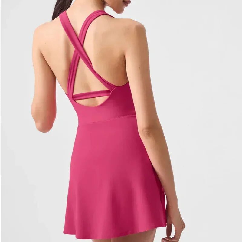 Sexy Backless Tennis Sports Dresses Fitness Halter Dresses With Bra Pads