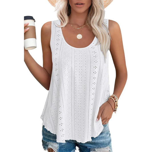 Womens Tank Tops Sleeveless Eyelet Embroidery Scoop Neck Loose Fit Casual Summer Flowy