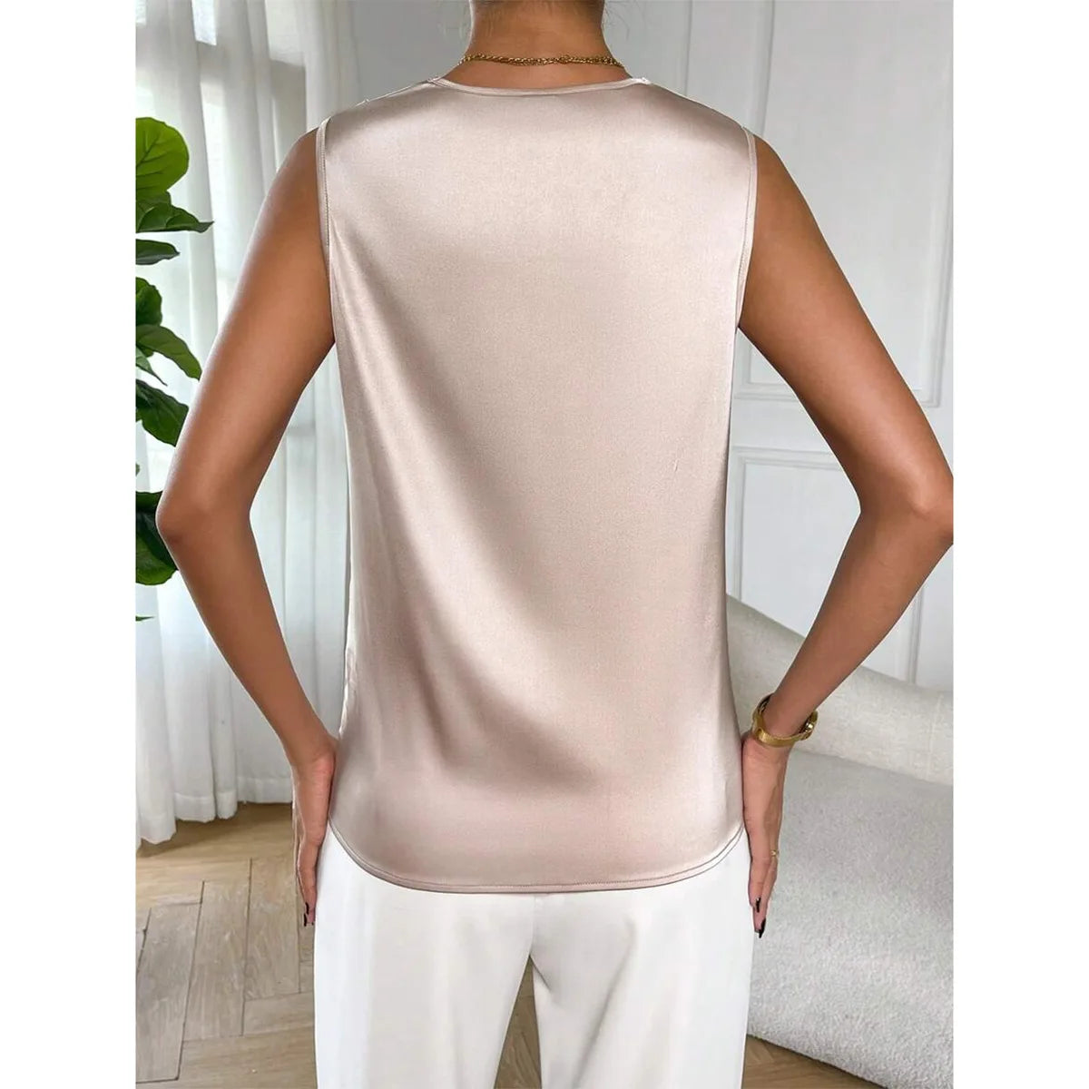 Women's Satin Sleeveless Top - V-Draped Neckline Shirt-Style Blouse with Cascading Ruffles, Elegant silk tank top sleeveless