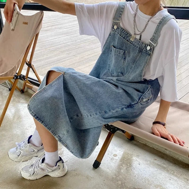 Women Denim Overall Dress Irregular Chest Pocket Side Split Fashion Sleeveless Jeans Dress Spaghetti Strap Dresses Jumper Dress