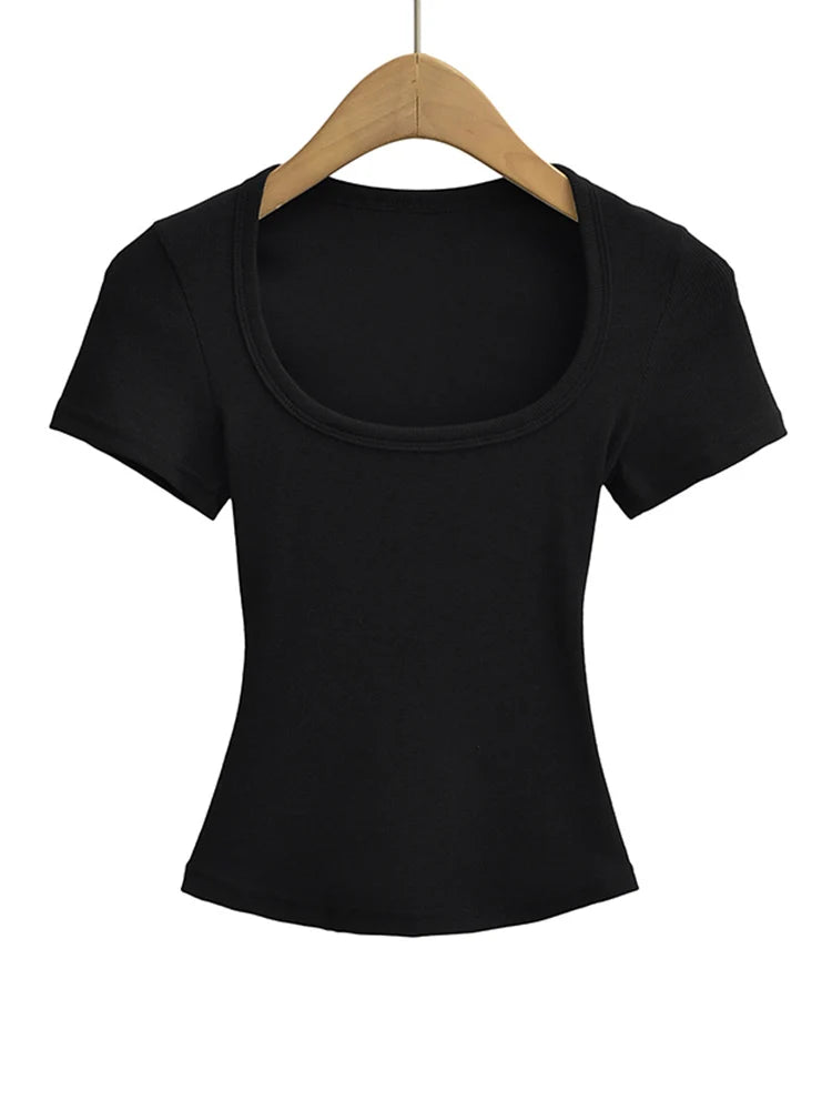 Women's Square Collar Slim Fit Crop Top High Stretch Short Sleeve Pullover Sexy Summer Blouse T-shirt Bottoming
