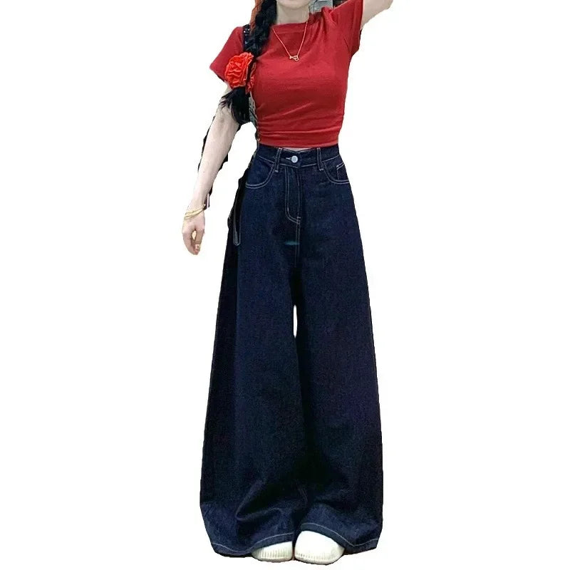 Vintage High-Waisted Wide-Leg Jeans Skirt American Style For Women Summer New Loose-Fit Slimming Versatile Straight-Leg Trousers