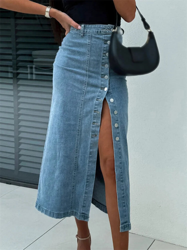Women's Denim Skirt Solid Color High Waist Oblique Button Up Split Long Skirt for Travel Party