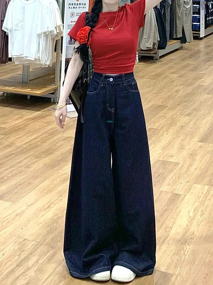 Vintage High-Waisted Wide-Leg Jeans Skirt American Style For Women Summer New Loose-Fit Slimming Versatile Straight-Leg Trousers