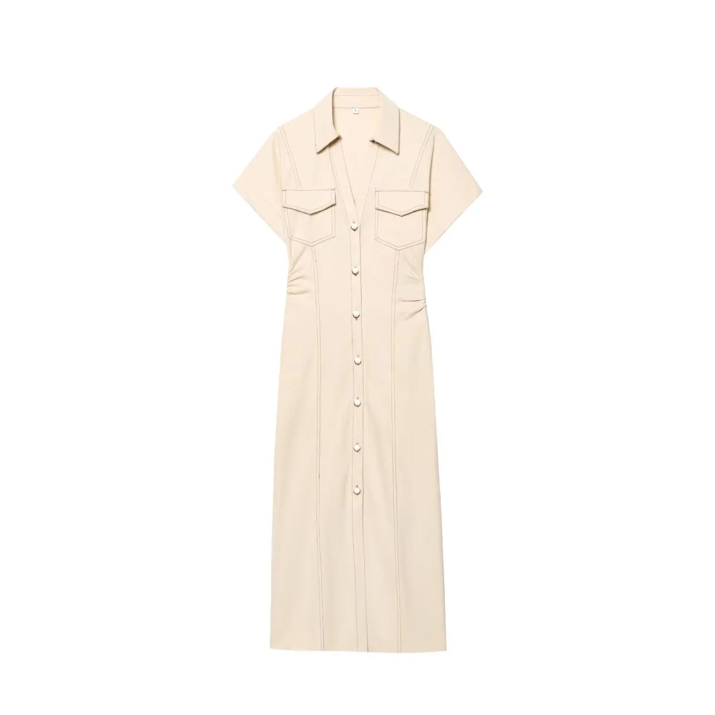 ETJ 2025 summer new TRAF women's elegant fashion waist pleated V-neck short-sleeved temperament denim MIDI dress