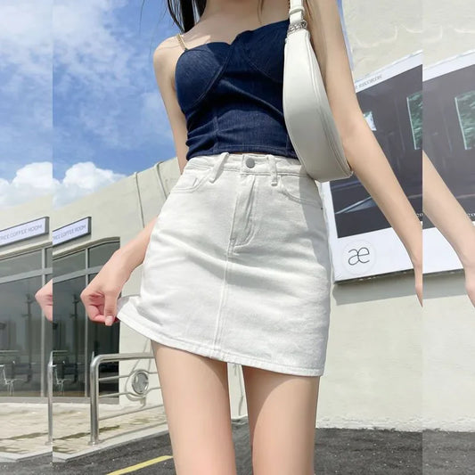 Xpqbb White Denim Skirts Women Spring Summer Korean High Waist Package Hip Skirt Woman Casual Simple Wild Jean Mini Skirts