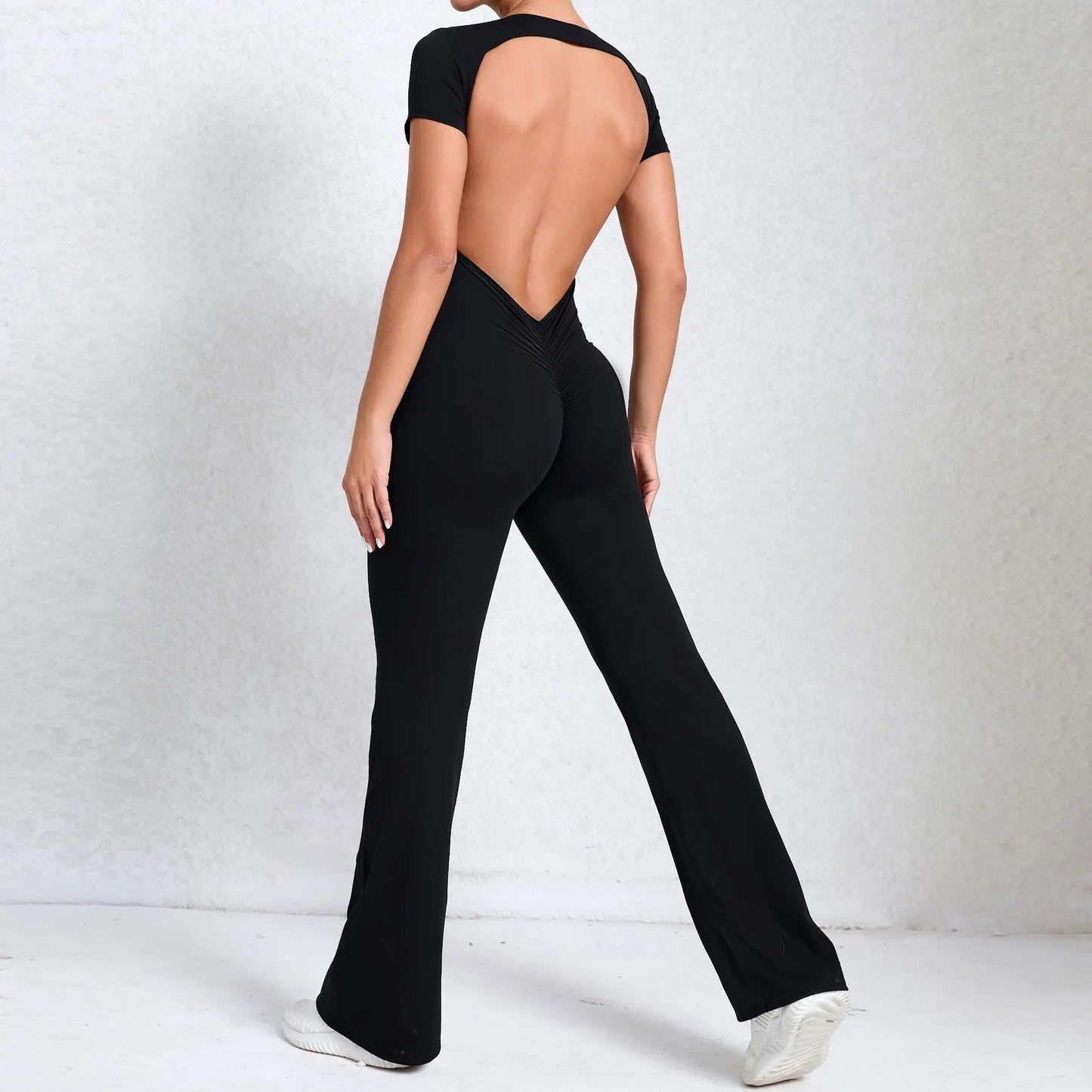 Women Short Sleeves Bodysuit Gym Set Yoga Clothes Suit Workout Jumpsuit Sport Set Women One-Piece Flared Pant Rompers Sportswear