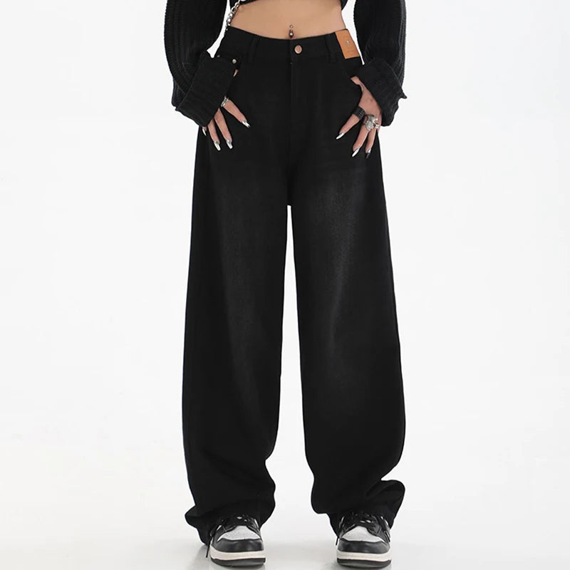 Woman High Waist Slim Fit Wide Leg Jeans Female High Street Y2k 2000s Casual Pants Lady Fashion Black Blue Loose Denim Trouserse