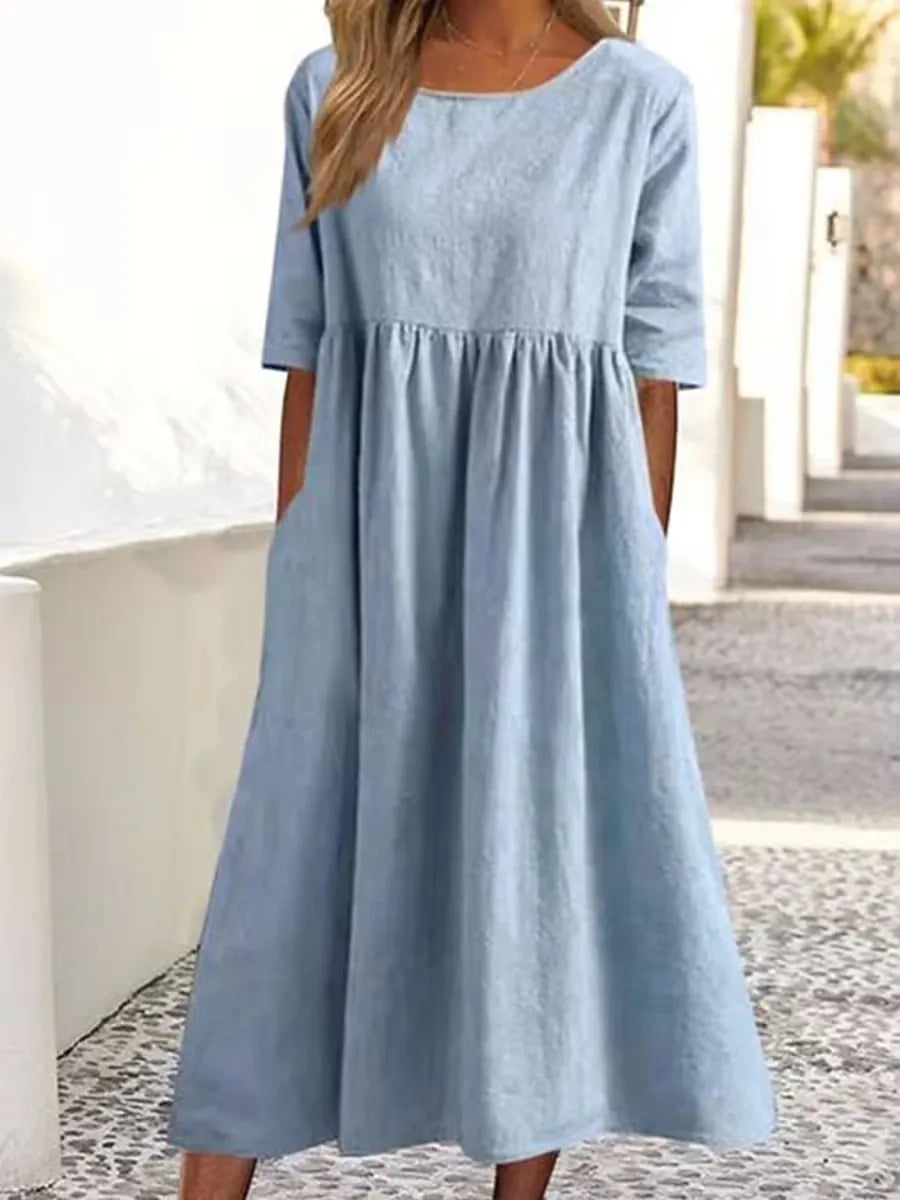 Summer New Cotton and Linen Casual Short Sleeve Pocket Fold Loose Round Neck Women's Dress 300