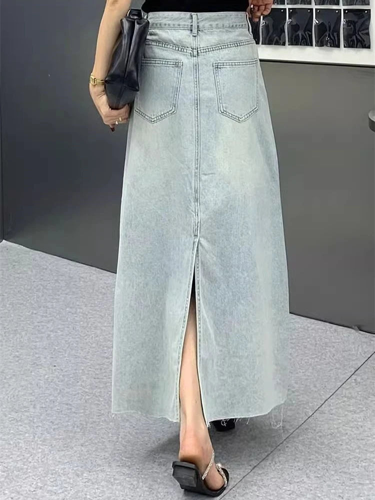 Women's Vintage Ripped A-line Long Denim Skirt Cool Girl Vintage Fashion Summer Female Street Style Ankle-length Large Skirts