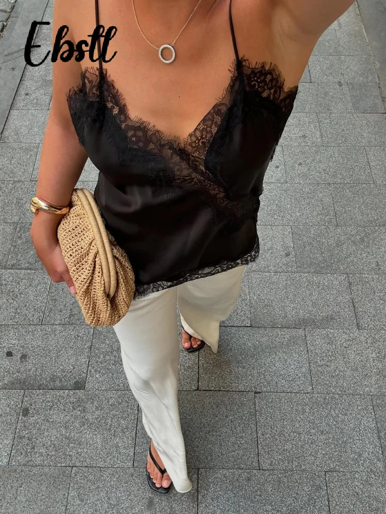 Slim Lace Patchwork Sling Vest Women Sexy See-through V Neck Backless Sleeveless Tank Top 2025 Autumn New Lady Solid Streetwear