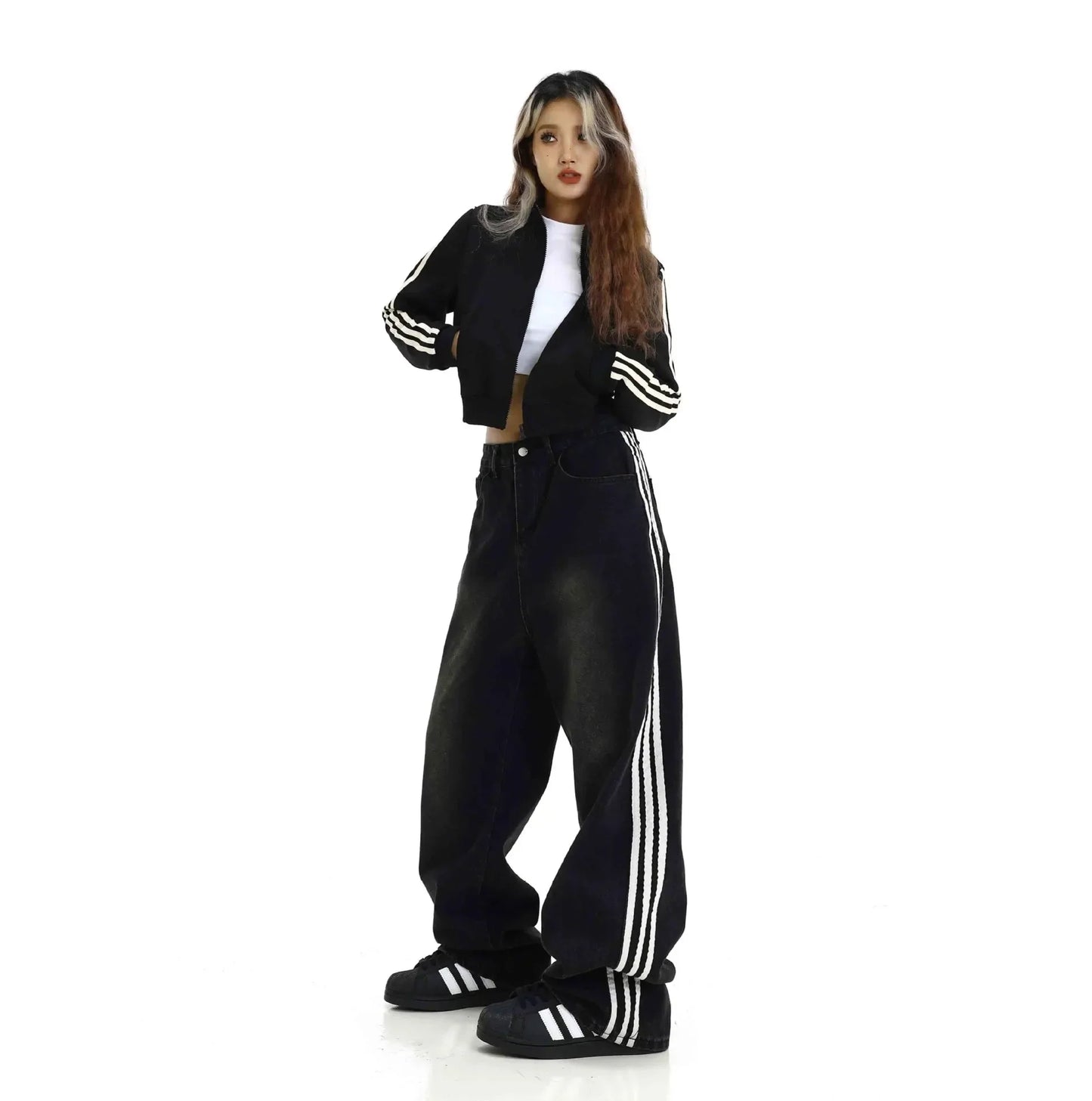 American Style Retro Striped Loose Fit Low Waist Slimming Long Jeans Women High Street Drag Floor Length Trendy Denim Pants