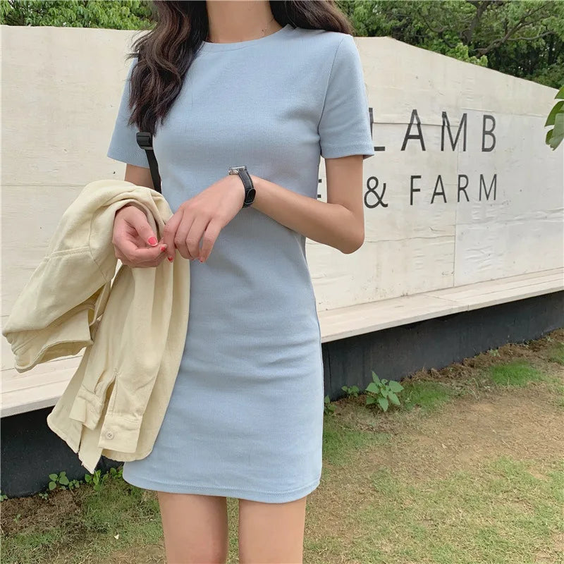Summer Women T-shirt Dress Casual O-Neck Short Sleeve Solid Korean Slim Mini Vestidos CDPF-WYP-6624