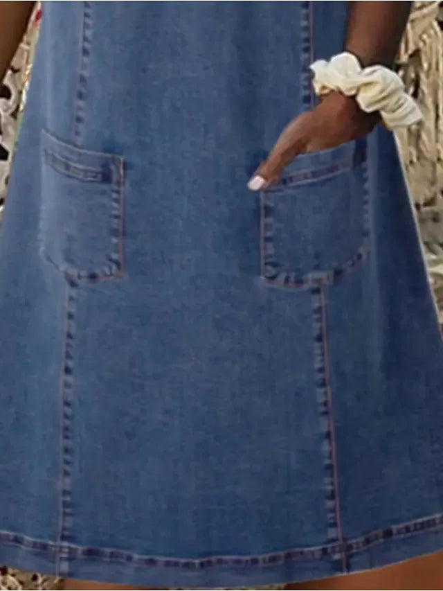 Summer Women Denim Dresses 2023 New Arrival Short Sleeves Loose A-Line Dresses V-neck Solid Denim Dresses