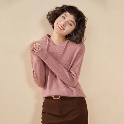 Autumn and winter new women's sweater 100% pure cashmere knitted hooded collar pullover soft solid color hot selling women's top