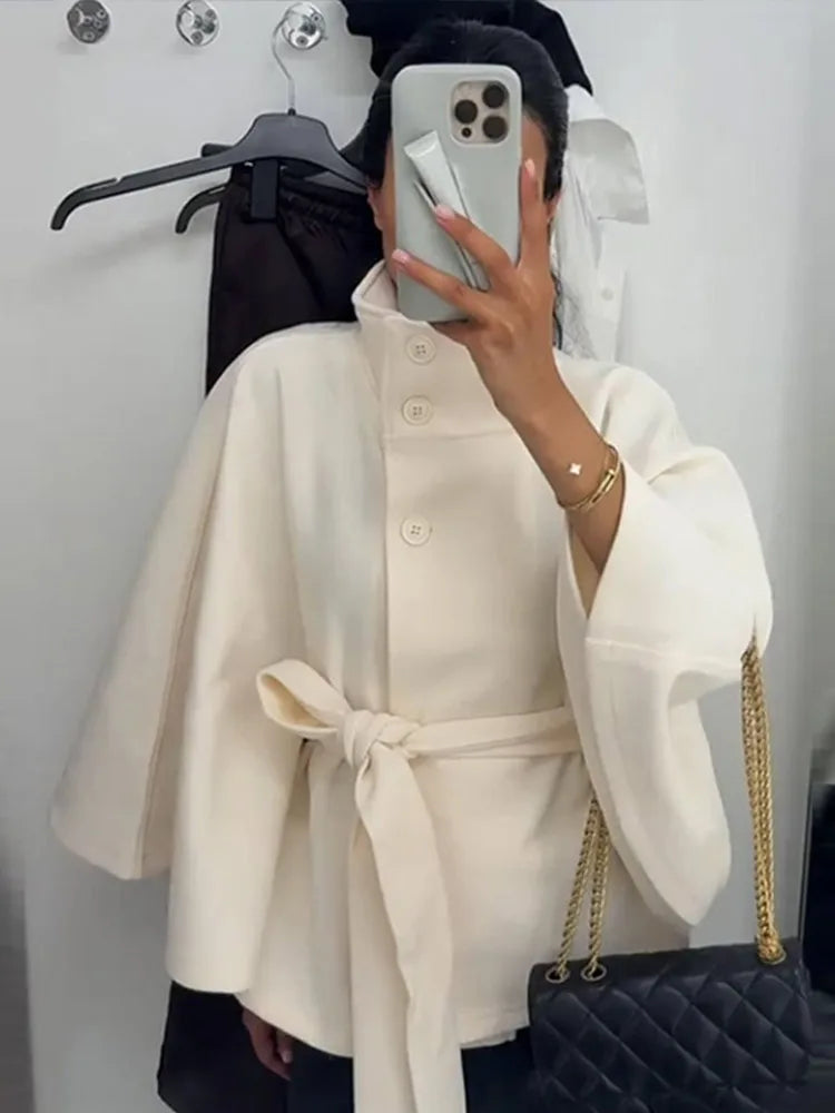 Womens Short Cape Coats For Women Belt Faux Wool Blends Coats Autumn Winter Solid Coats Elegant Cloak Jacket Ladies 2025
