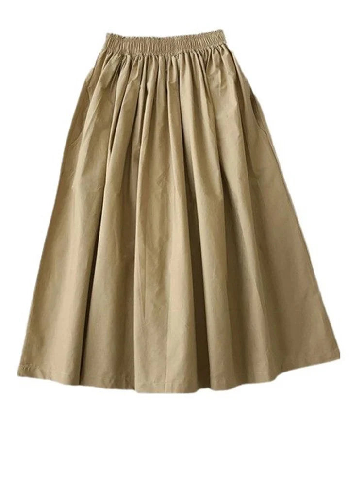 Women White Long Skirt Fashion Pockets Pleated Knee Length Skirts Autumn 2025 New Casual Elegant High Waist A Line Femme Skirts