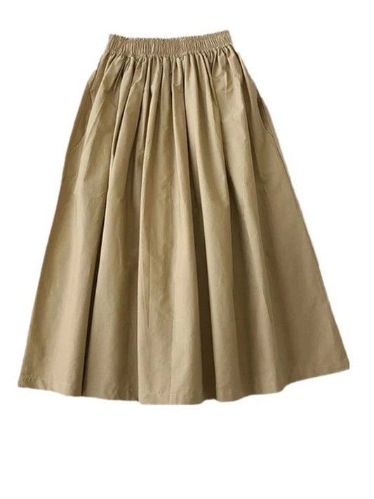 Women White Long Skirt Fashion Pockets Pleated Knee Length Skirts Autumn 2025 New Casual Elegant High Waist A Line Femme Skirts
