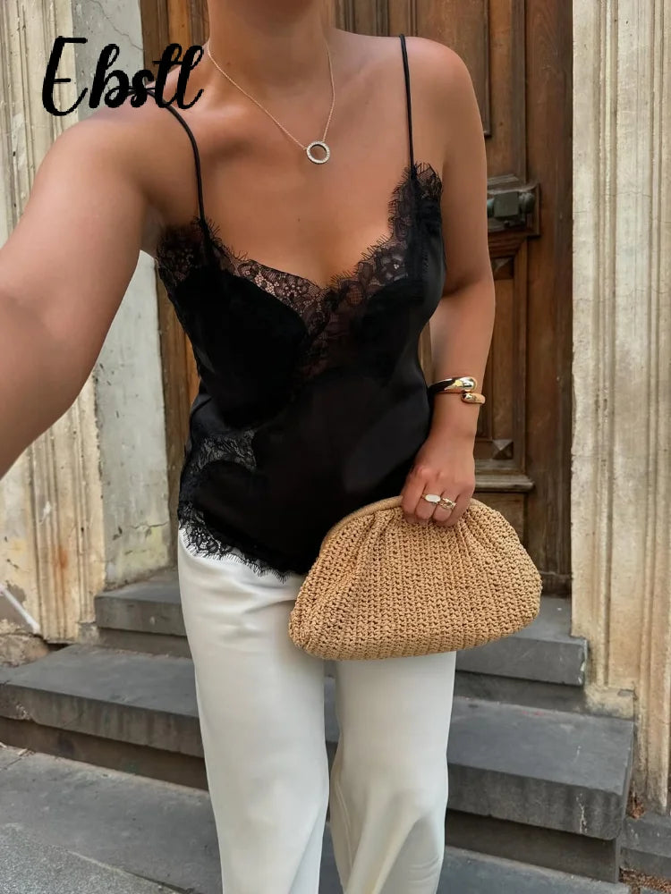 Slim Lace Patchwork Sling Vest Women Sexy See-through V Neck Backless Sleeveless Tank Top 2025 Autumn New Lady Solid Streetwear