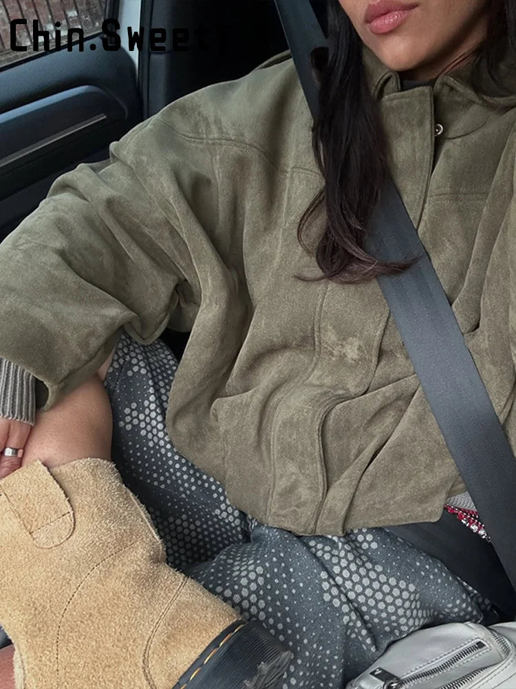 Street Fashion Women's Short Suede Jacket Loose Green Lapel Zipper Long Sleeve Bomber Coat 2025 Autumn Winter New Lady Outwears