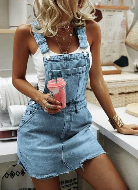 Streetwear Women Off Shoulder Denim Suspender Dress Casual Solid