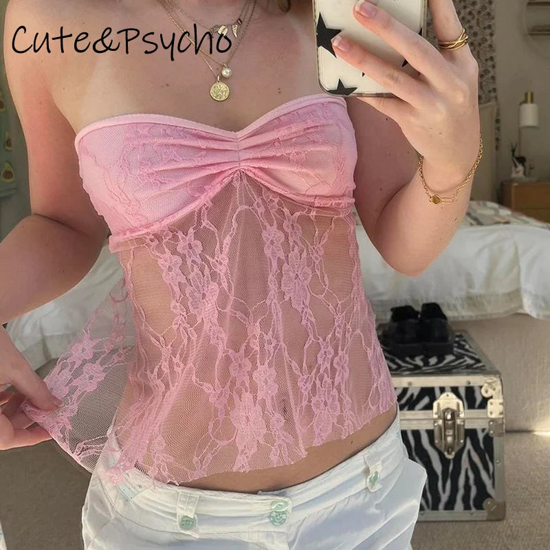 Cuteandpsycho Off Shoulder Sexy Solid Tube Tops Lace-up Y2K Vintage 90s Camisole Clubwear Basic Fairycore Women's Crop Outfits