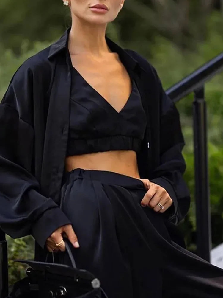 Syiwidii Outfit Fashion Long Sleeve Shirts 2025 New Summer Lady Sexy Loose Silk 3 Piece Sets Women High Waist Wide Pants Sets