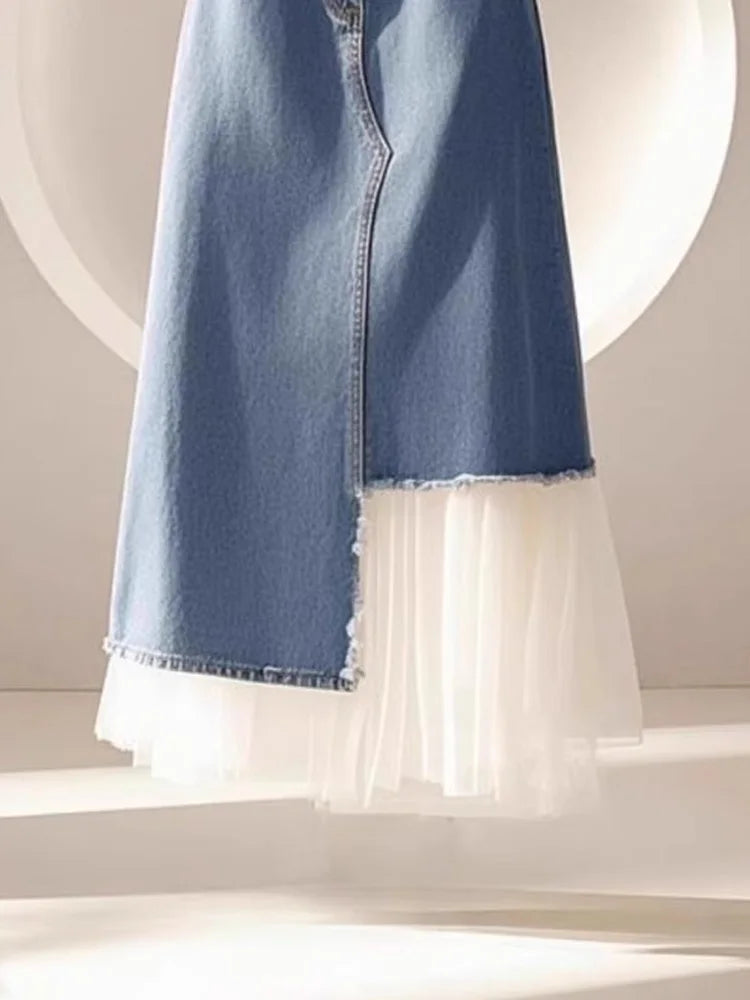 French Elegant Fashion Women's Plus size Hight Waist A Line Denim Patchwork Skirt Female Summer Casual Lone Skirt Office Clothes