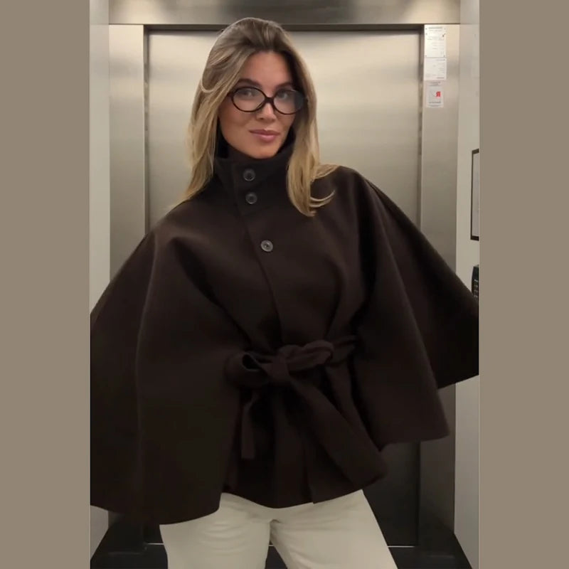 Womens Short Cape Coats For Women Belt Faux Wool Blends Coats Autumn Winter Solid Coats Elegant Cloak Jacket Ladies 2025