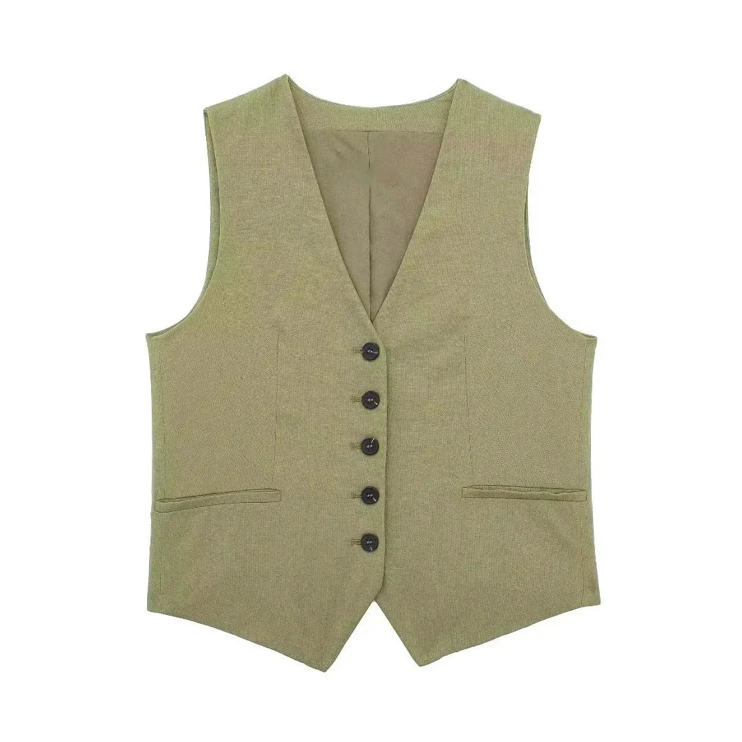 TRAFZA Women's Fashion Solid Vest Top Vintage V Neck Button Loose Casual Vests Summer Y2K Woman Streetwear Chic Tops Outerwear