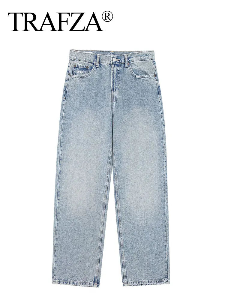 TRAFZA Jeans For Women 2024 Denim Solid Loose Zipper Fly Female Hole Trouser Pockets Wild Basic Commute Woman Wide Leg Long Pant