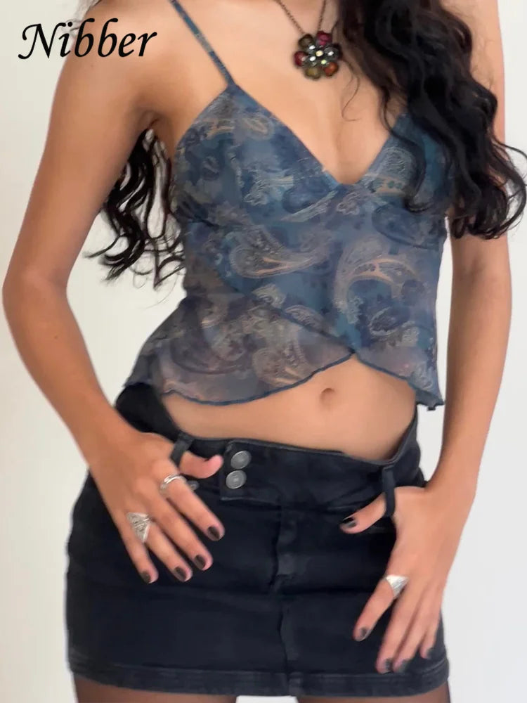 Nibber Mesh See Through Printed Vest Women Sexy Casual V-neck Sleeveless Suspender Camisole Patchwork Tank Top Streetwear