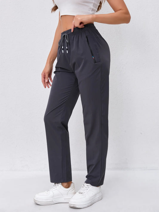 Women's High-Waist Slimming Drawstring Joggers with Dual Side Zipper Pockets - Lightweight, Breathable Nylon Blend Outdoor Pants