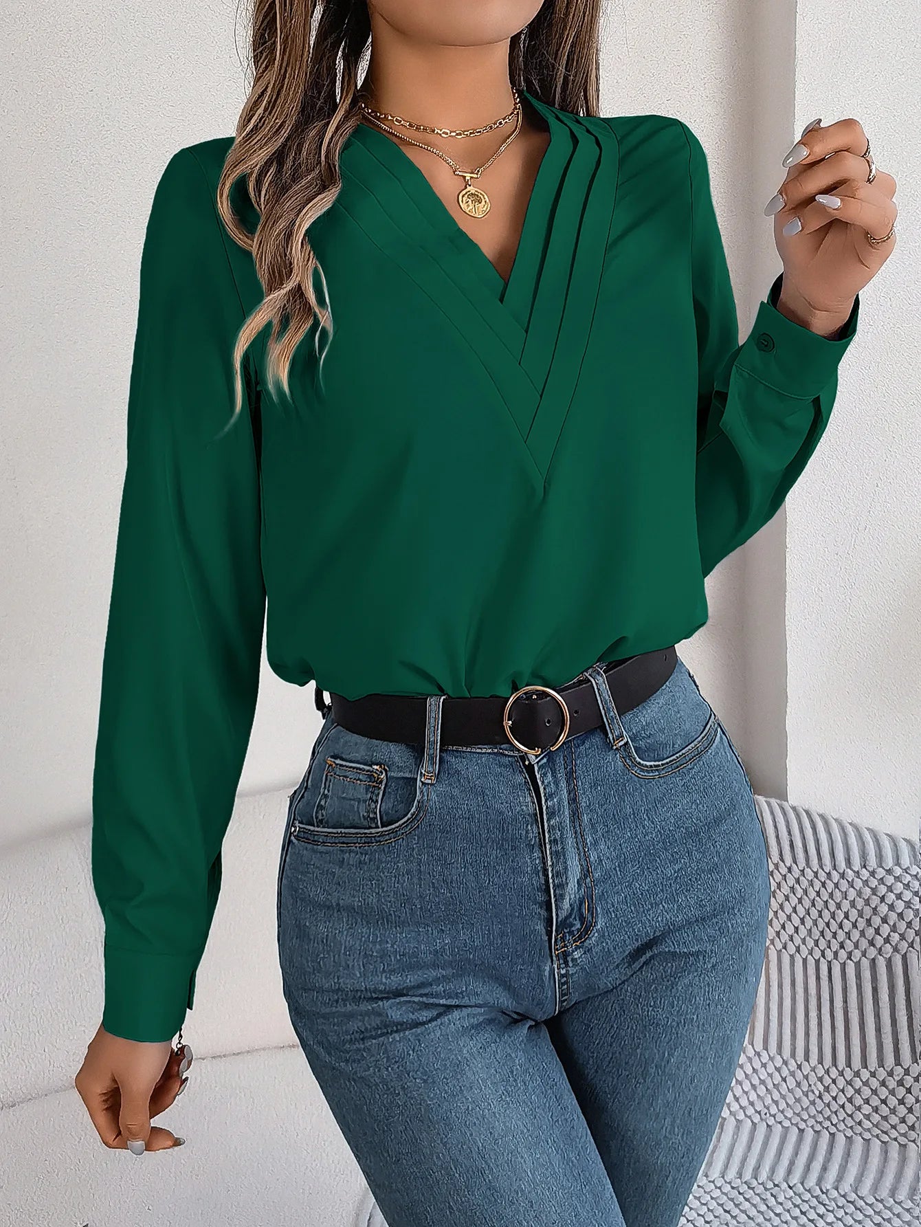 VigoCasey 2025 Spring White Long Sleeve T-shirt Elegant Women V Neck Solid Shirt Top Autumn Office Lady Pullover Tops Clothing