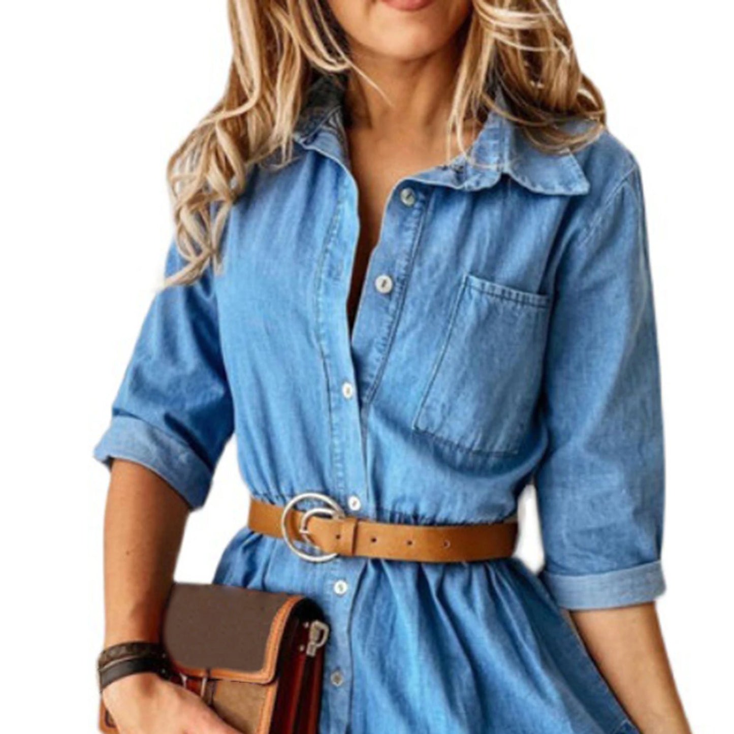 Simple Female Dress Founced Edge High Quality Denim Solid Color Women Dress