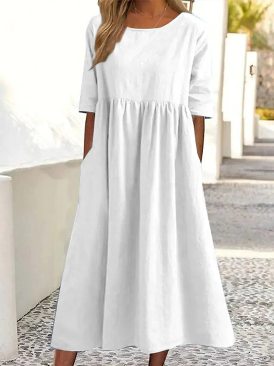 Summer New Cotton and Linen Casual Short Sleeve Pocket Fold Loose Round Neck Women's Dress 300
