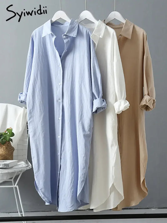 Syiwidii Long White Shirt Dress for Women Cotton Spring Fall Casual Korean Clothing Vintage Oversized Midi Robe Loose Cardigans