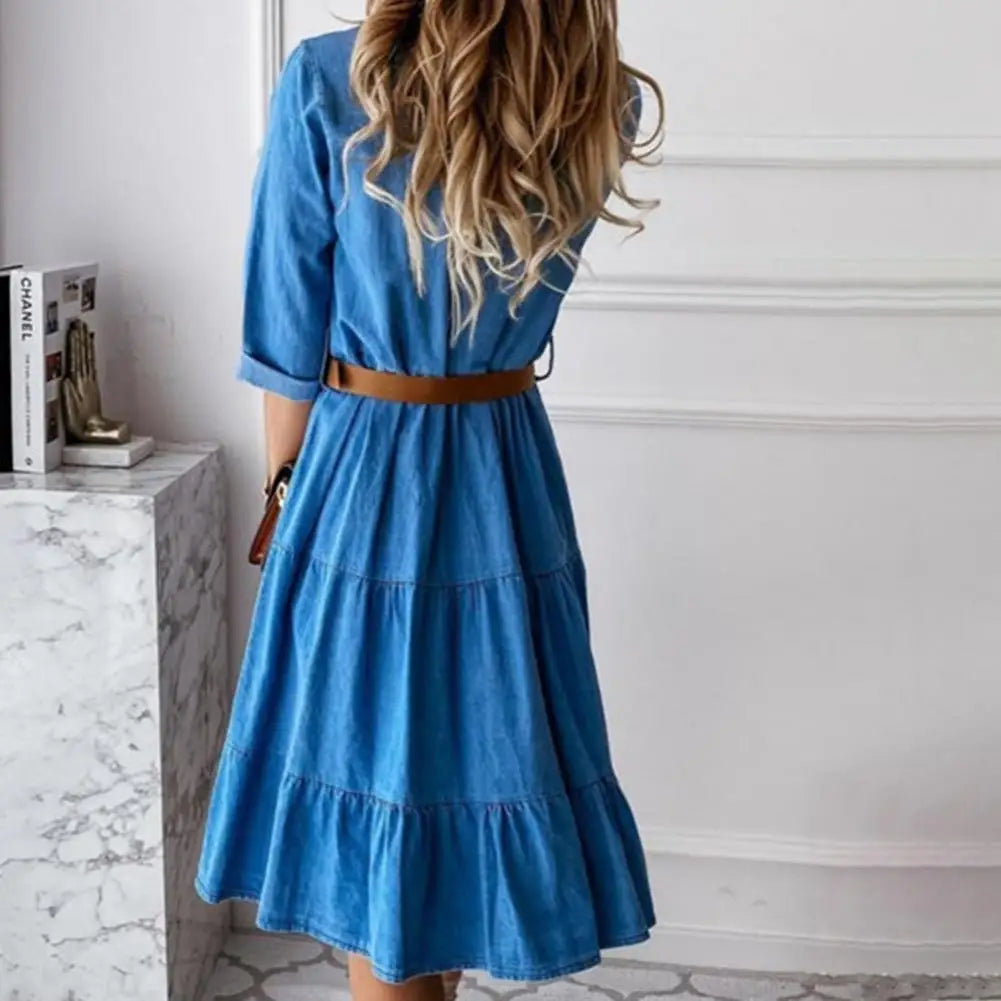Simple Female Dress Founced Edge High Quality Denim Solid Color Women Dress